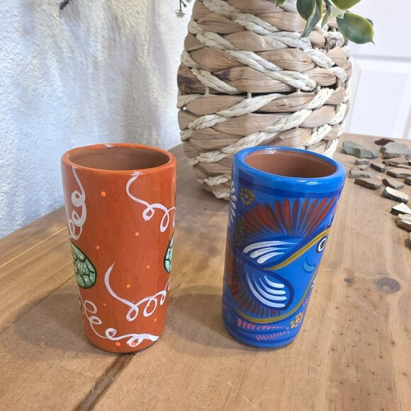 Mexican Ceramic Shot Glasses with Floral Design - New - Picture 2 of 3